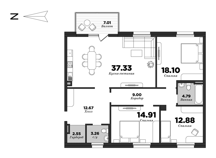NEVA HAUS, Корпус 1, 3 спальни, 119 м² | планировка элитных квартир Санкт-Петербурга | М16